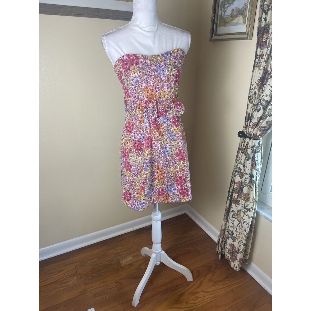 Strapless Pink Floral Belted Mini Dress NWT M Cottagecore Garden Party Spring - Picture 15 of 16